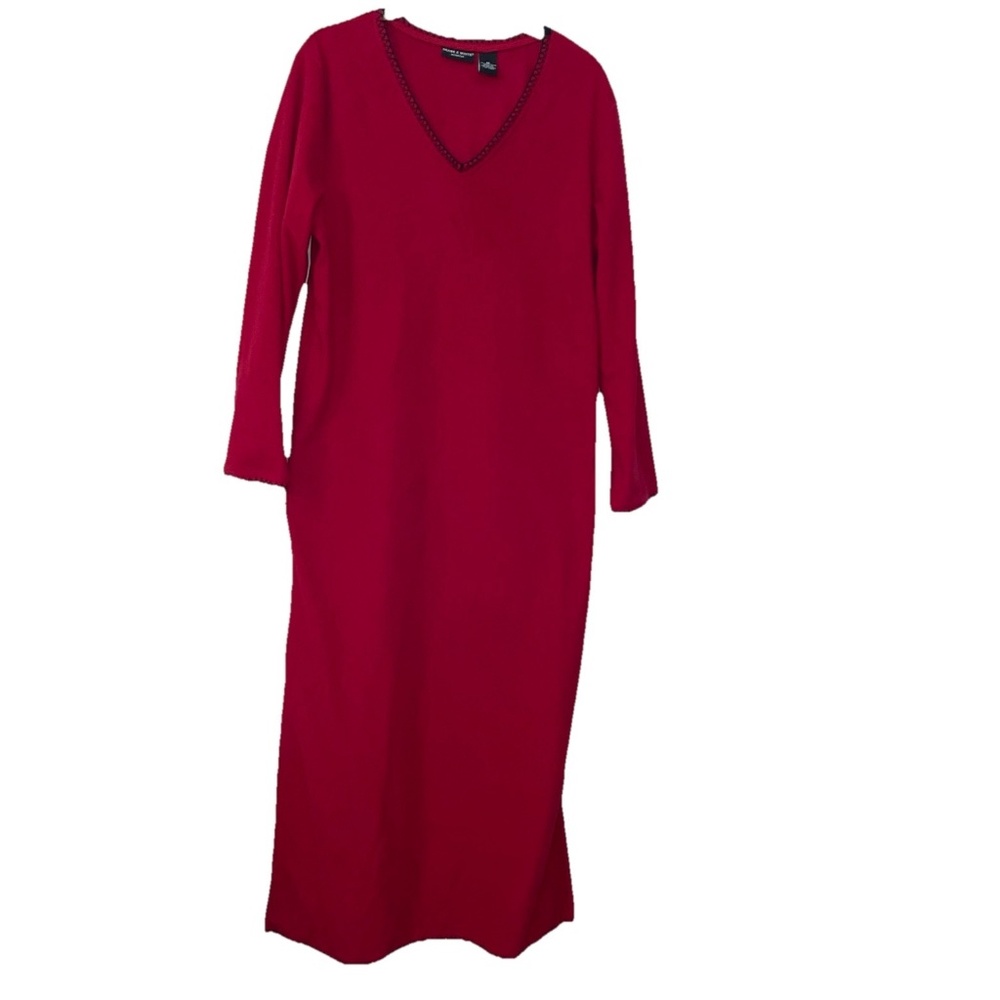 Deane & White Women's Fleece Maxi Robe M Red Pullover Side Slits Blanket Stitch